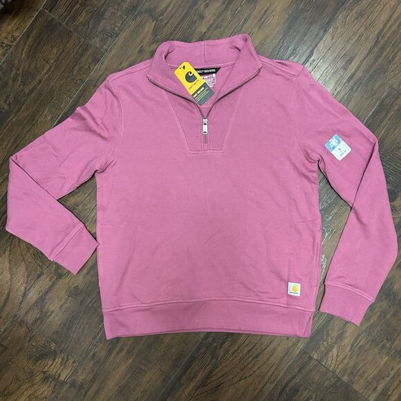 Carhartt Tencel Fiber Sweater Womens Small Pink Relaxed Fit 1/2 Zip Sweatshirt - Picture 1 of 10